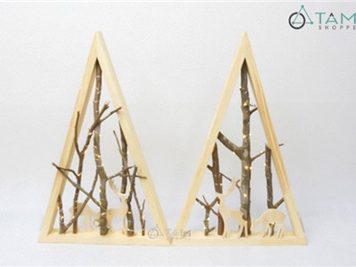 Cây thông Noel gỗ tam giác tiểu cảnh cành cây có đèn cao 50cm X-TREE-29